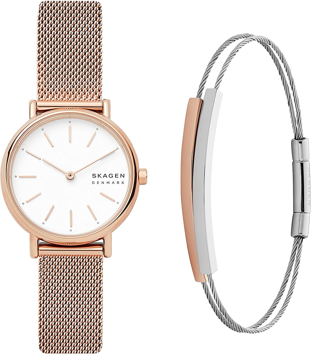 Women'S Signatur Quartz Analog Stainless Steel and Leather Watch, Color: Blue/Rose Gold (Model: SKW2838) Rose Watch + Bracelet Bundle