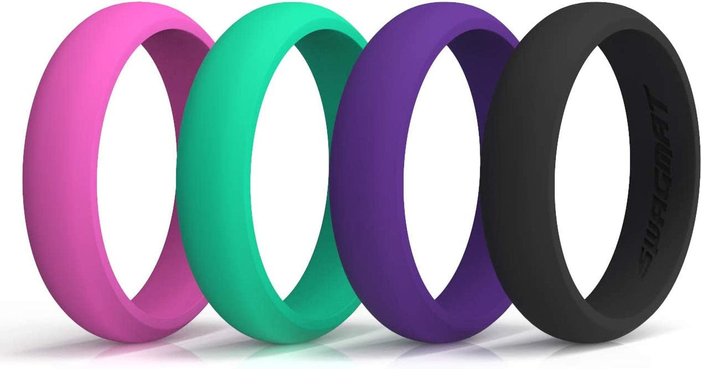 Women’S Silicone Wedding Ring – 4 Ring Pack – Black, Boulder Gray, Seashell White, Royal Purple - 5.5 Mm Width - 2 Mm Thickness 4 Rings - Rose Pink, Caribbean Green, Black, Royal Purple / 12 (21.5mm)
