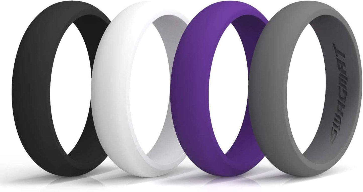 Women’S Silicone Wedding Ring – 4 Ring Pack – Black, Boulder Gray, Seashell White, Royal Purple - 5.5 Mm Width - 2 Mm Thickness 4 Rings - Black, Boulder Gray, Seashell White, Royal Purple / 6.5 (16.9mm)