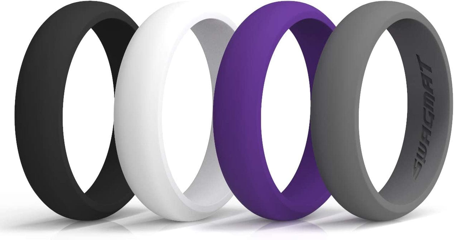 Women’S Silicone Wedding Ring – 4 Ring Pack – Black, Boulder Gray, Seashell White, Royal Purple - 5.5 Mm Width - 2 Mm Thickness 4 Rings - Black, Boulder Gray, Seashell White, Royal Purple / 6.5 (16.9mm)