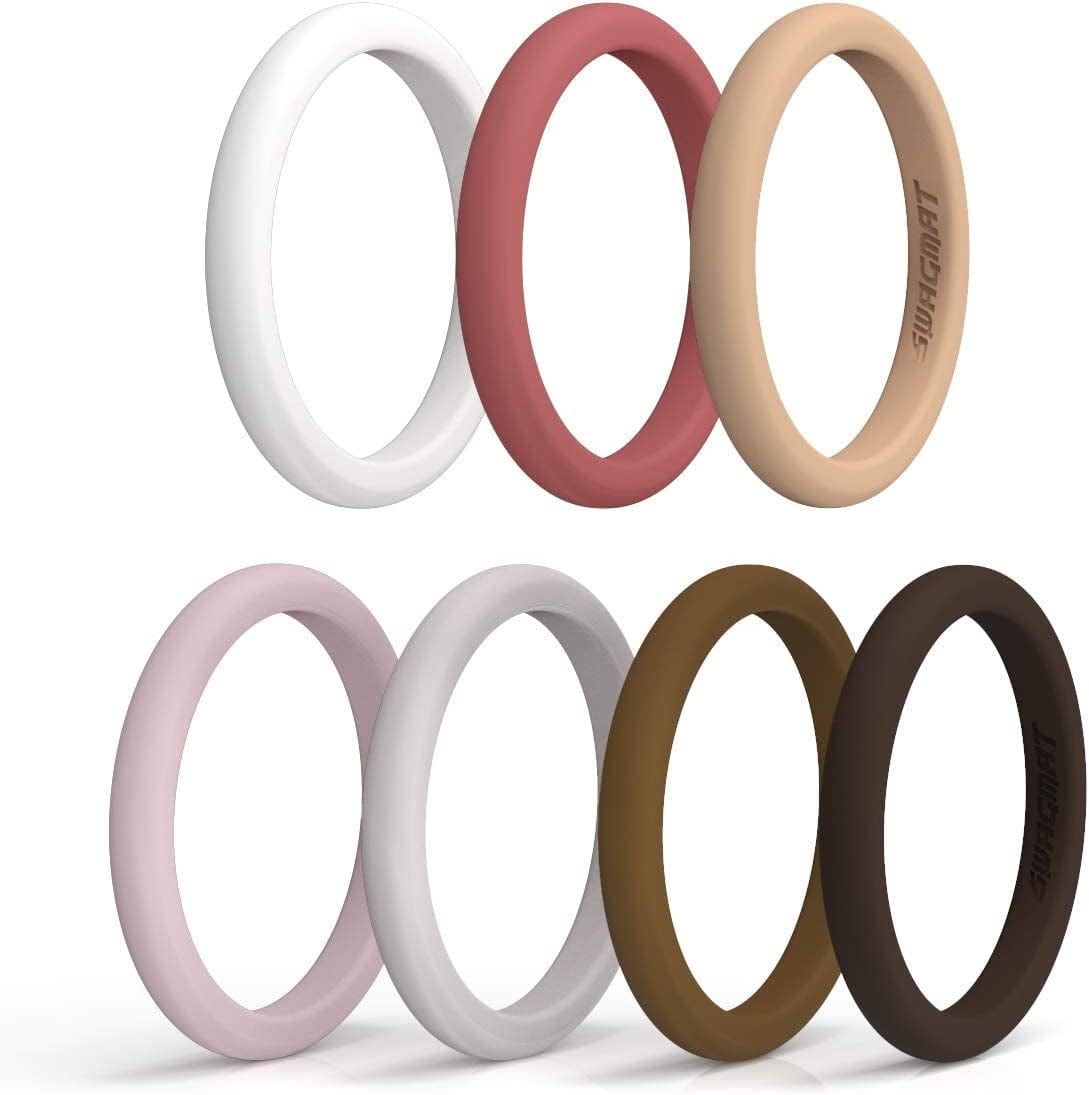 Women’S Silicone Wedding Ring – 4 Ring Pack – Black, Boulder Gray, Seashell White, Royal Purple - 5.5 Mm Width - 2 Mm Thickness 7 Rings - White, Turkish Rose, Nude , Light Pink, Snow White, Bronze, Bistre / 4 (14.9 mm)