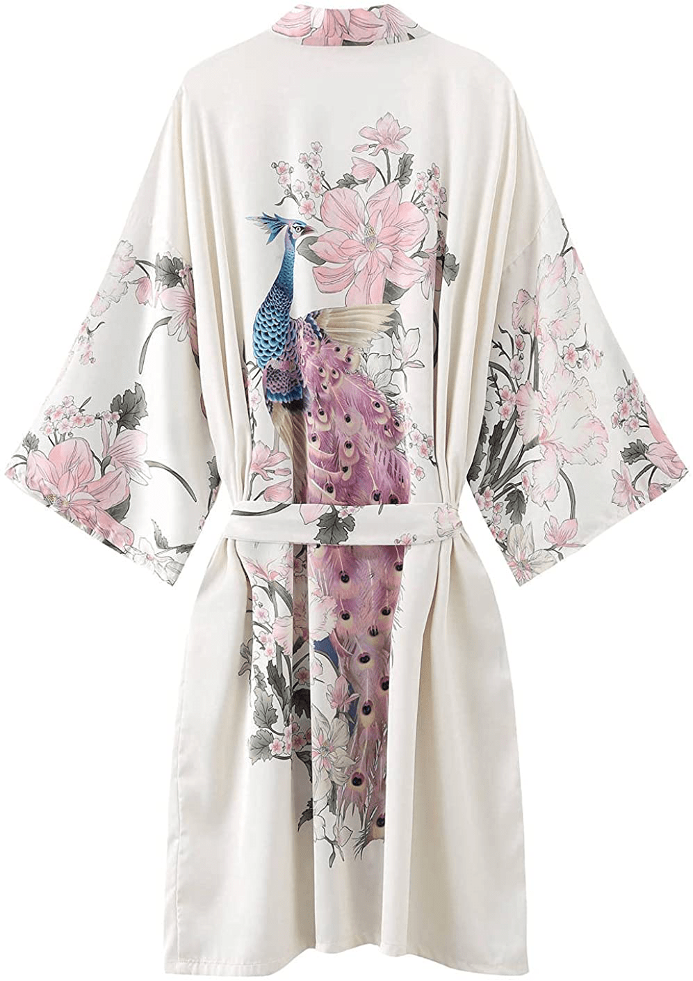 Women'S Silky Satin Kimono Robes Short with Peacock and Floral Printed Bathrobe Nightgown for Bride Bridesmaids Wedding Party Apparel & Accessories > Clothing > Sleepwear & Loungewear > Robes Umjetnost White