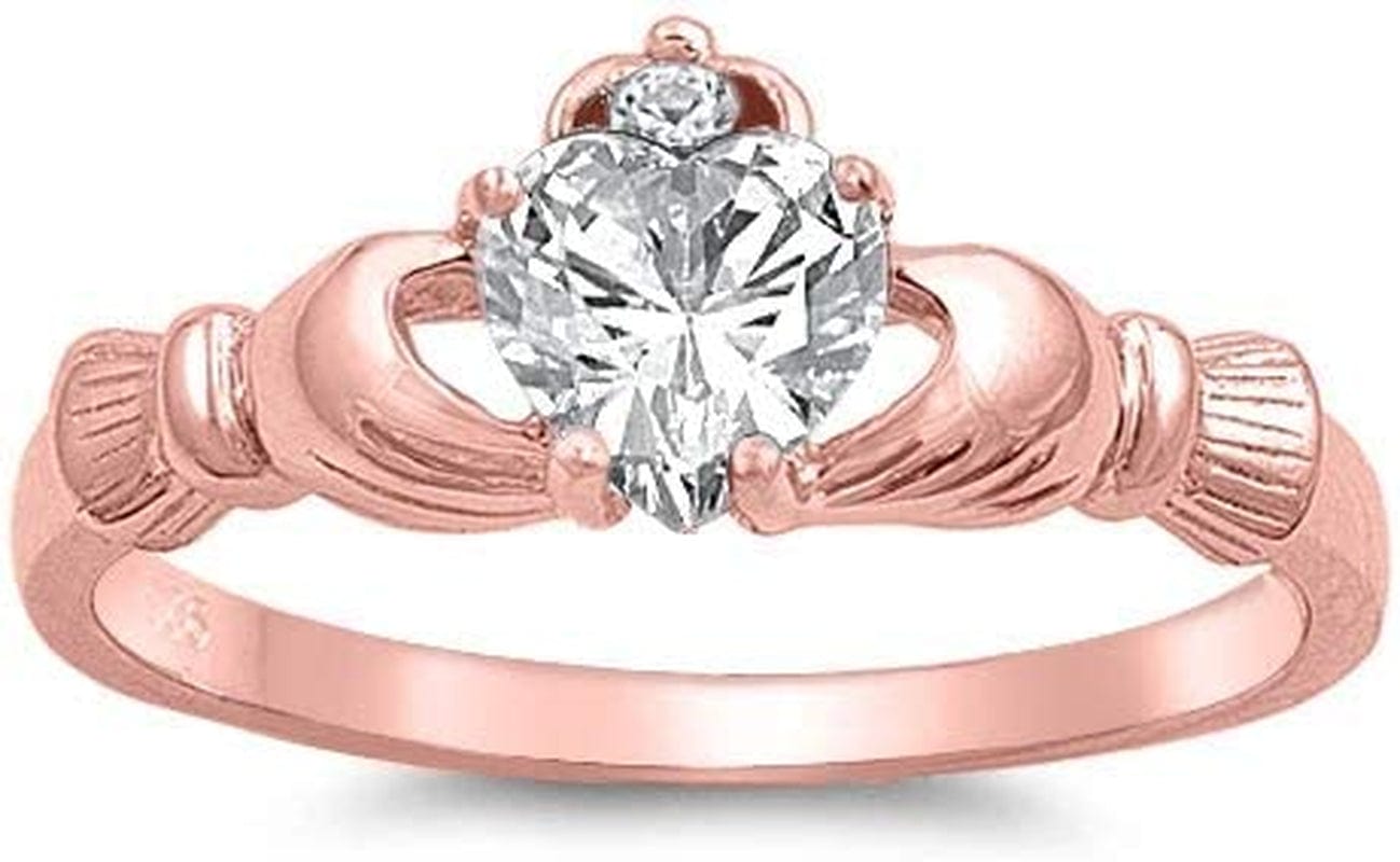 Women'S Silver Claddagh Celtic Irish Fashion Comfort Statement Love Ring Clear CZ Rose Gold Sterling Silver / 6