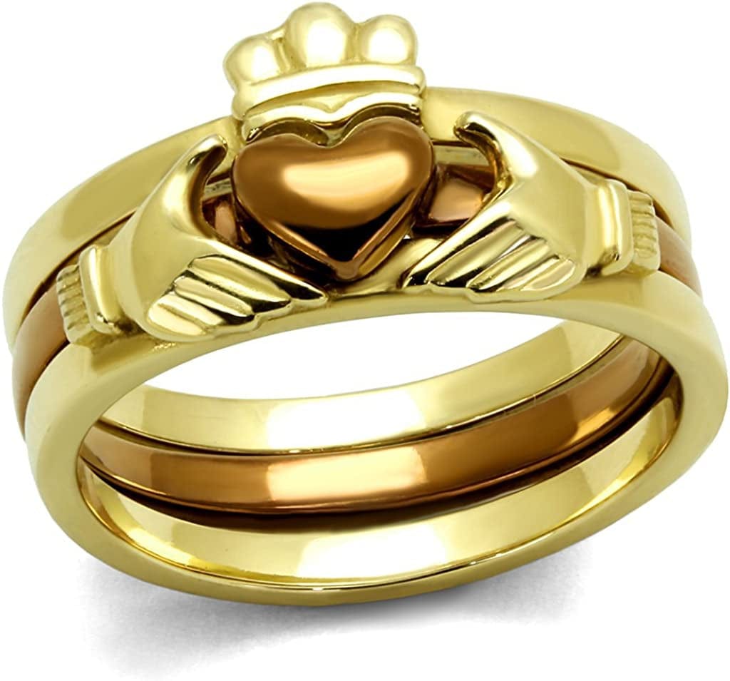 Women'S Silver Claddagh Celtic Irish Fashion Comfort Statement Love Ring Gold Brown 3pc Set / 9