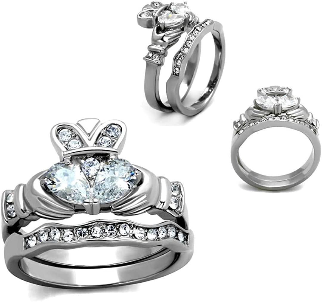 Women'S Silver Claddagh Celtic Irish Fashion Comfort Statement Love Ring CZ Ring Set / 8