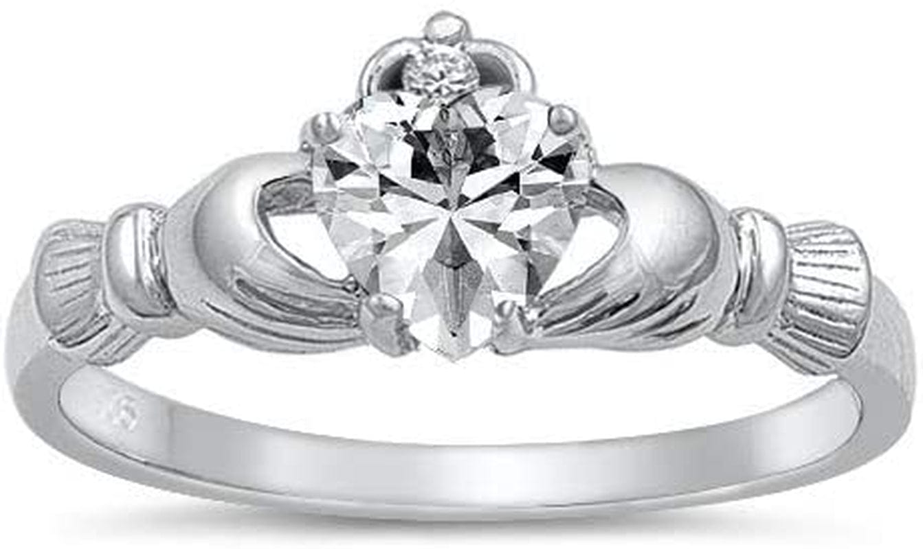 Women'S Silver Claddagh Celtic Irish Fashion Comfort Statement Love Ring Clear CZ Sterling Silver / 6
