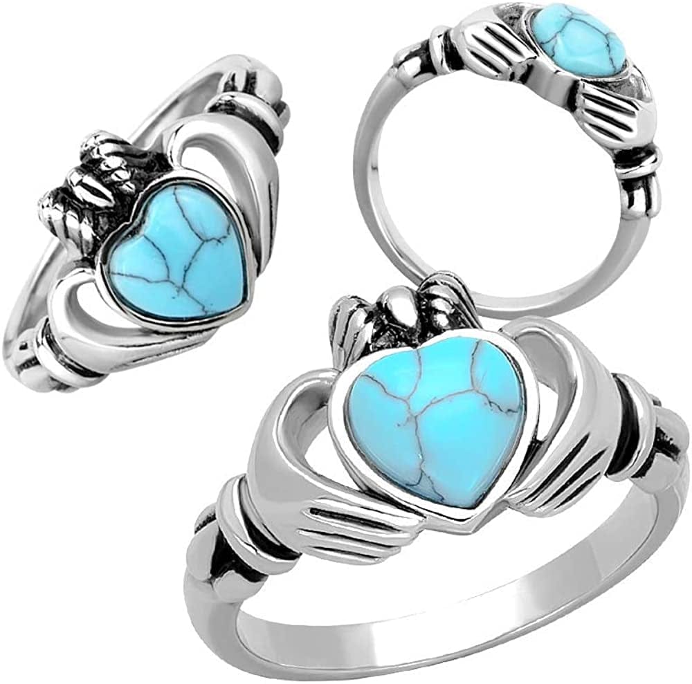 Women'S Silver Claddagh Celtic Irish Fashion Comfort Statement Love Ring Turquoise / 5