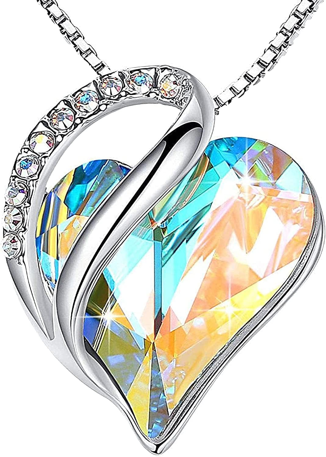 Women’S Silver Plated Infinity Love Heart Pendant Necklace with Birthstone Crystals, Jewelry Gifts for Her, 18 + 2 Inch Chain, Anniversary Birthday Mother'S Necklaces for Wife Mom Girlfriend 04-April-Rainbow Opal White
