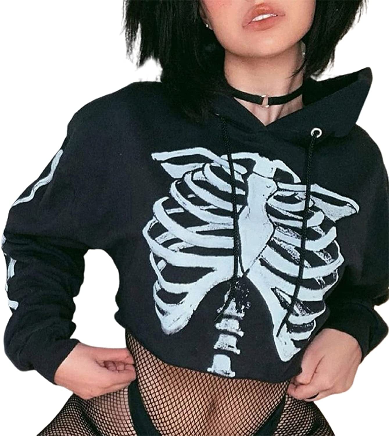 Women'S Skeleton Print Crop Top Gothic Punk Hoodies Bandage Casual Pullover Long Sleeve Relaxed Fit Sweatshirts
