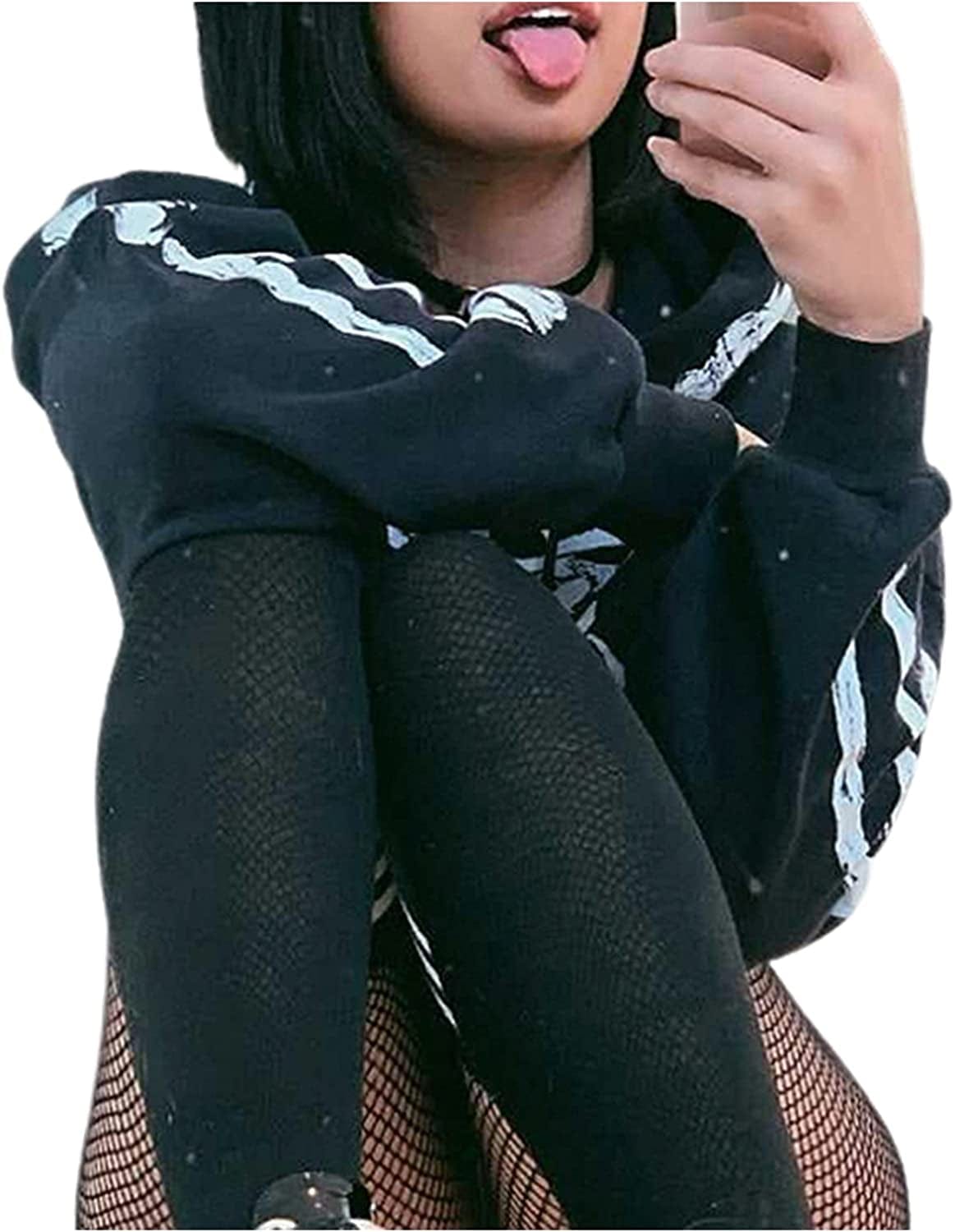 Women'S Skeleton Print Crop Top Gothic Punk Hoodies Bandage Casual Pullover Long Sleeve Relaxed Fit Sweatshirts