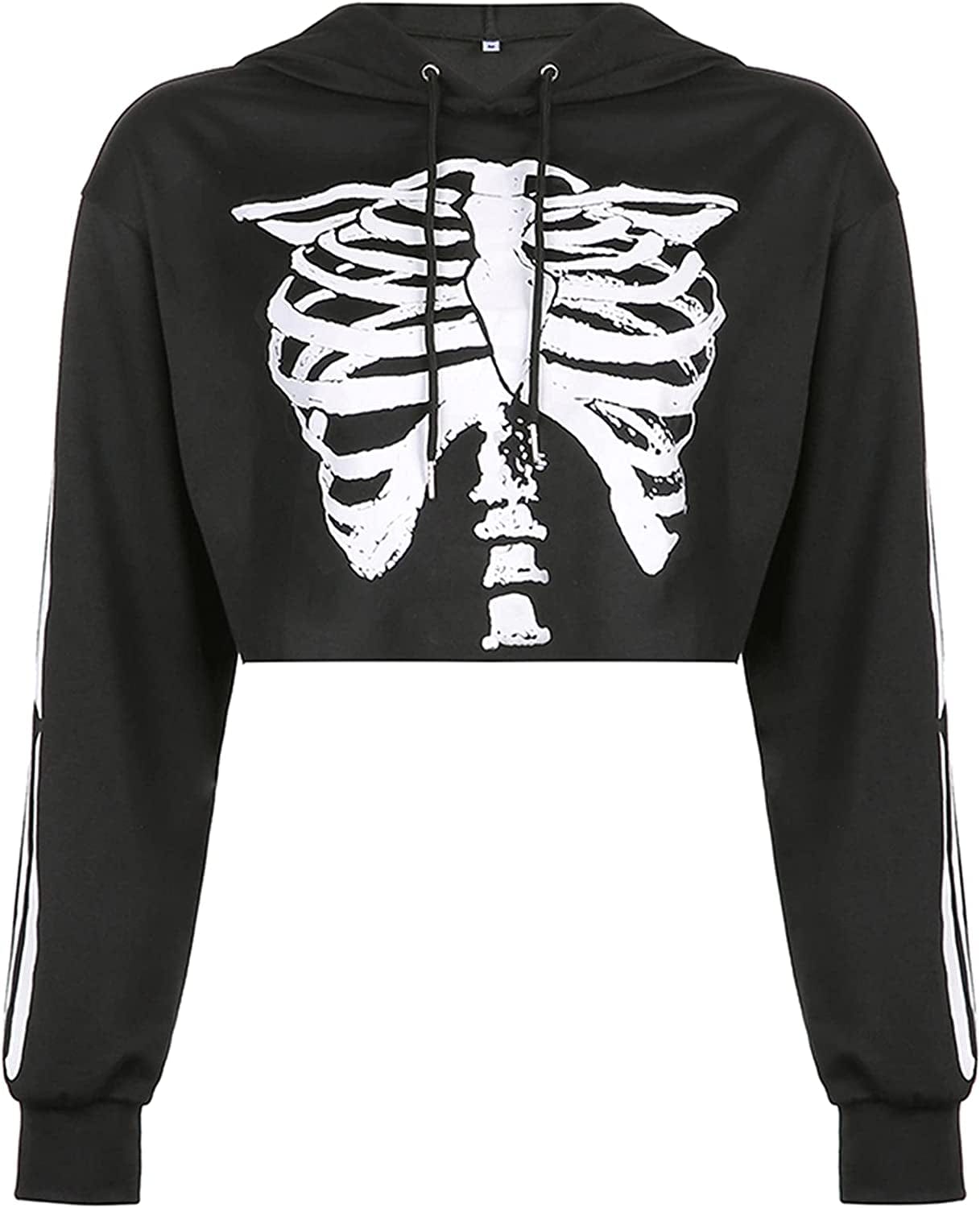 Women'S Skeleton Print Crop Top Gothic Punk Hoodies Bandage Casual Pullover Long Sleeve Relaxed Fit Sweatshirts