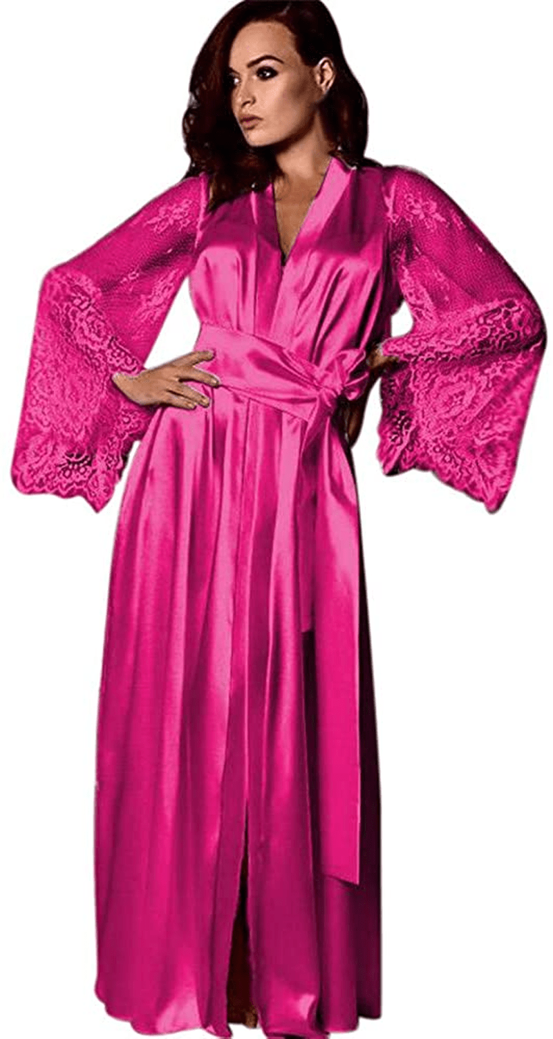 Women'S Sleepwear Robe,Sexy Lingerie Satin Negligees Long Sleeve Nightgowns Loungewear Bathrobe Pajamas Baby Dolls Chemises Apparel & Accessories > Clothing > Underwear & Socks > Shapewear AKshehe #2hot Pink X-Large