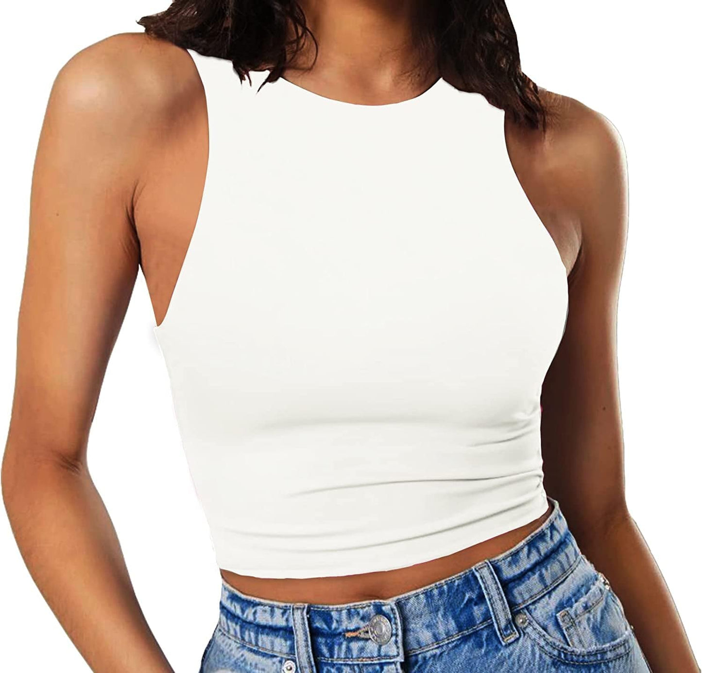 Women'S Sleeveless Cropped Shirts High Neck Stretchy Fitted Basic Crop Tank Top White / X-Small