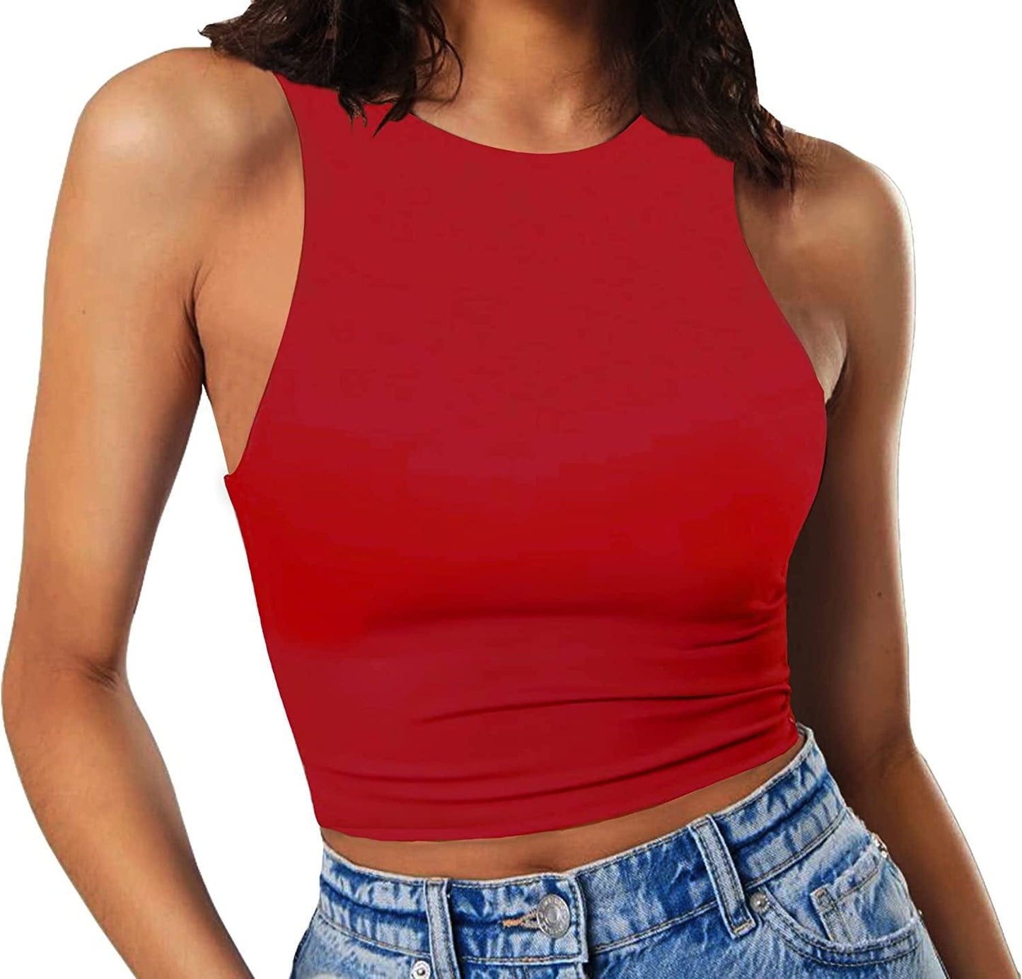 Women'S Sleeveless Cropped Shirts High Neck Stretchy Fitted Basic Crop Tank Top Bright Red / X-Small