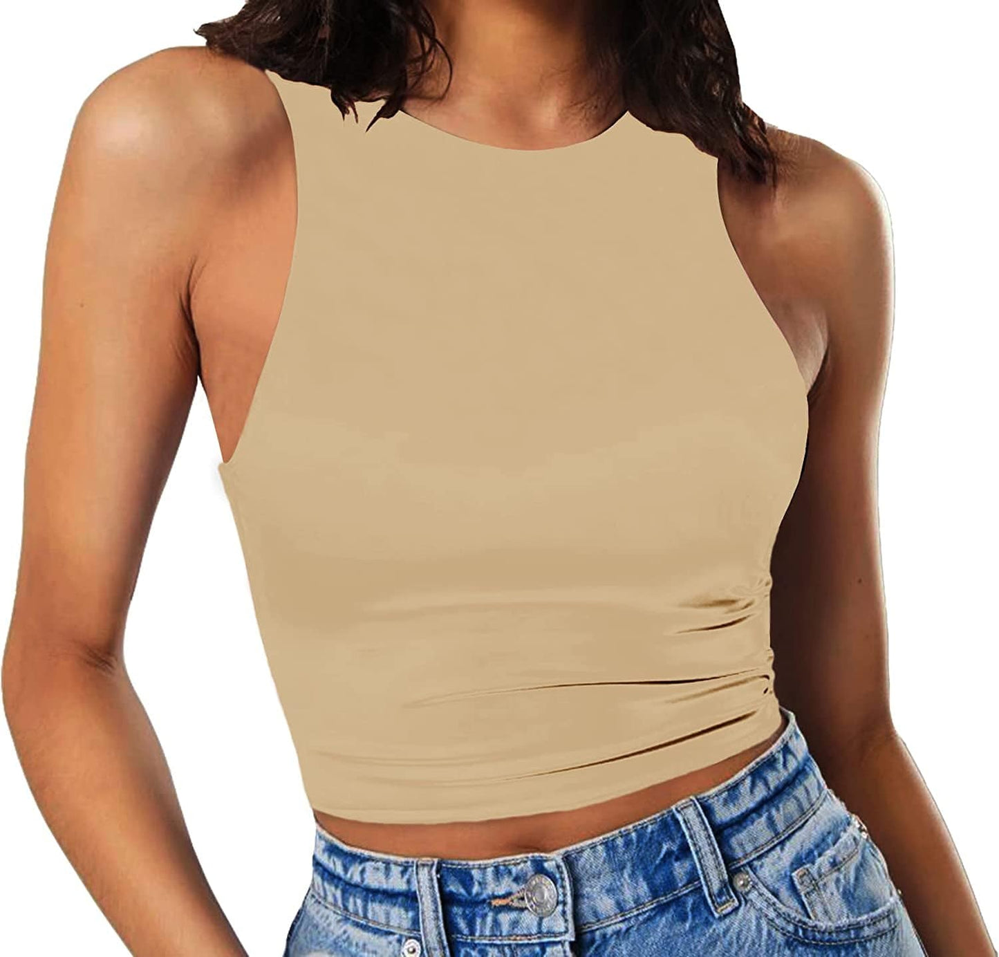 Women'S Sleeveless Cropped Shirts High Neck Stretchy Fitted Basic Crop Tank Top Beige Tan / X-Small