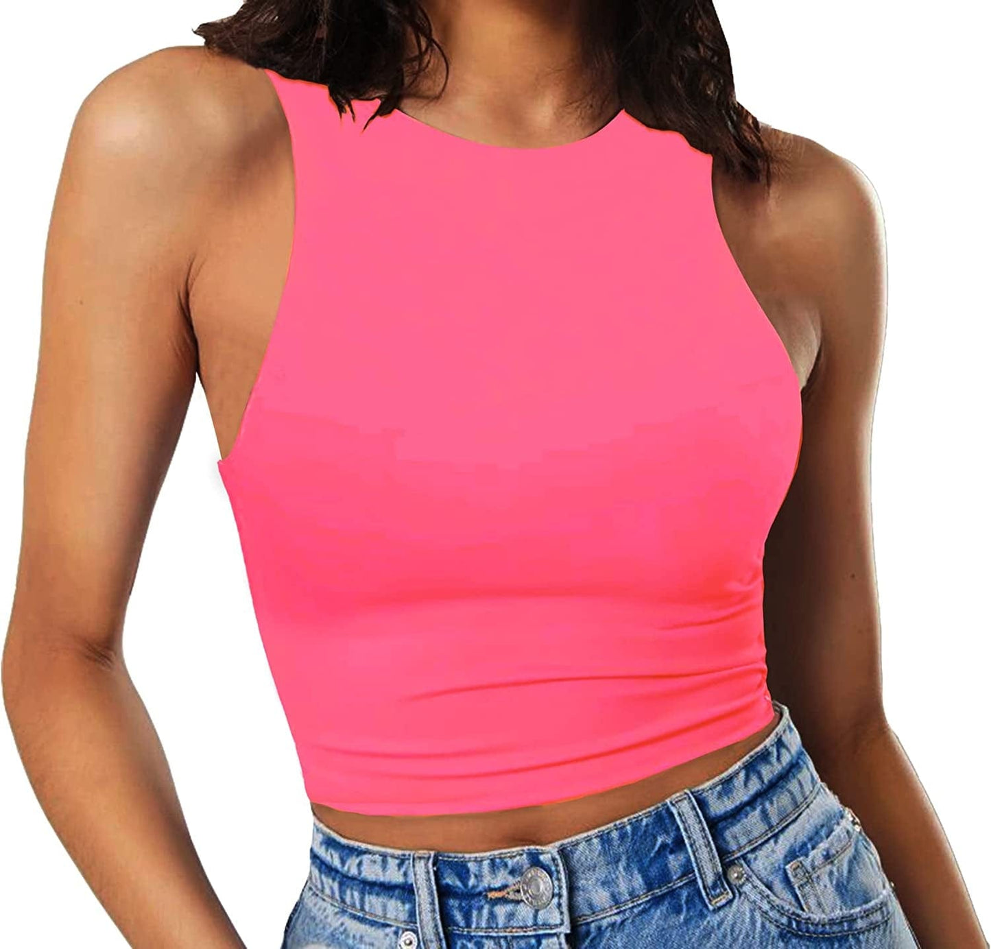Women'S Sleeveless Cropped Shirts High Neck Stretchy Fitted Basic Crop Tank Top Fluo Pink / X-Small
