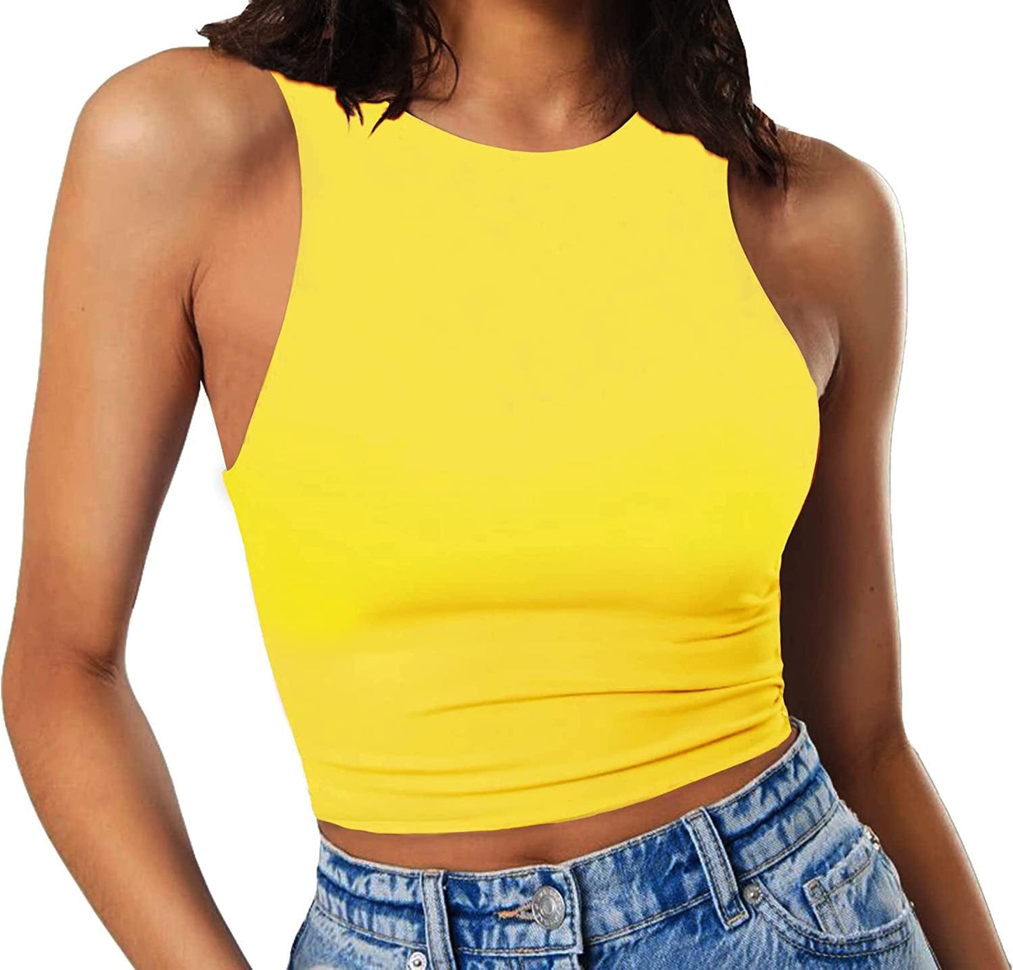 Women'S Sleeveless Cropped Shirts High Neck Stretchy Fitted Basic Crop Tank Top Bright Yellow / X-Small