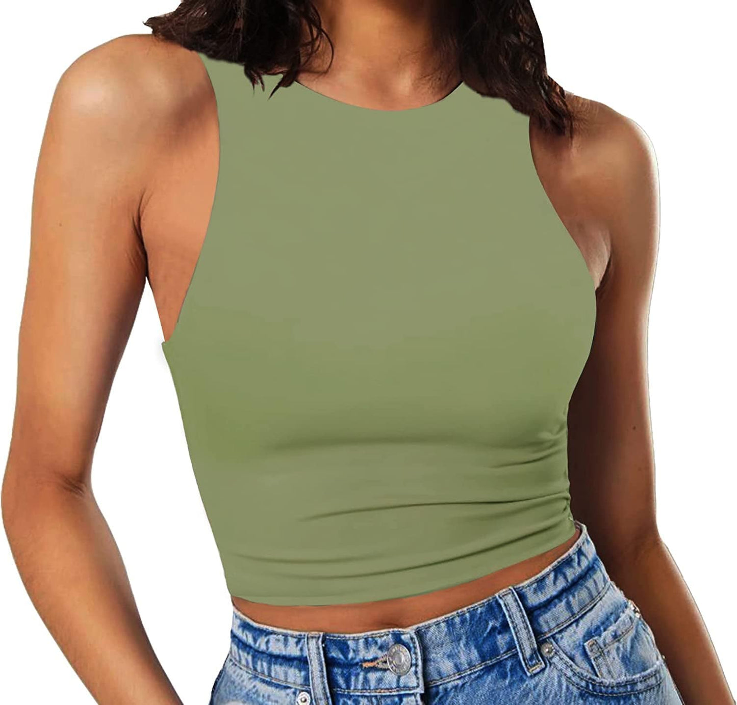 Women'S Sleeveless Cropped Shirts High Neck Stretchy Fitted Basic Crop Tank Top Olive Green / X-Small