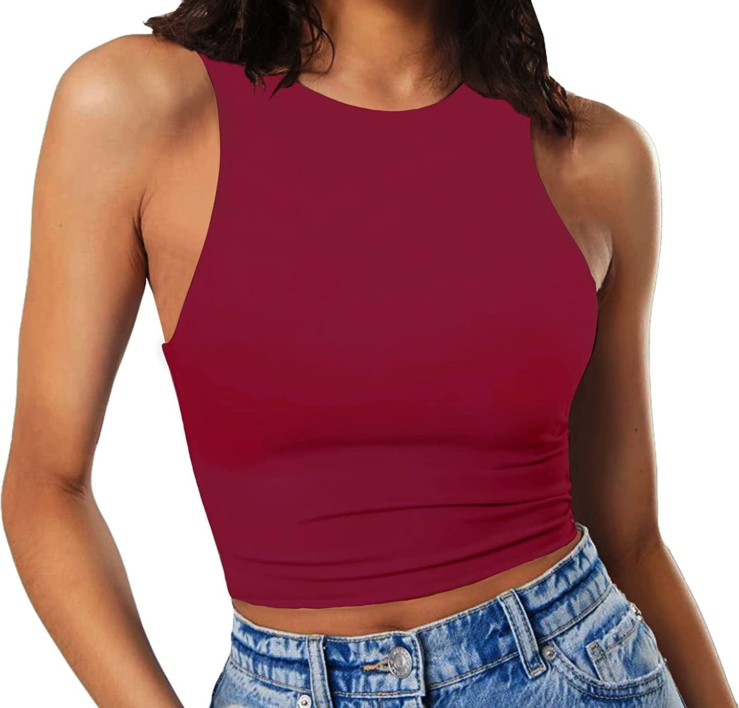 Women'S Sleeveless Cropped Shirts High Neck Stretchy Fitted Basic Crop Tank Top Burgundy Red / X-Small