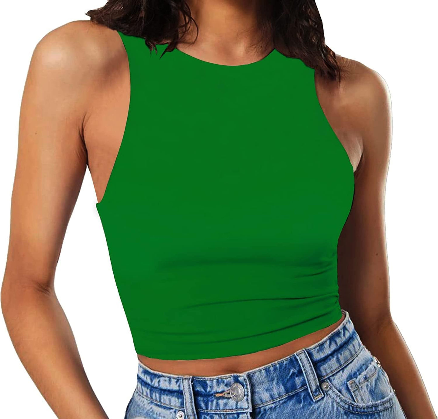 Women'S Sleeveless Cropped Shirts High Neck Stretchy Fitted Basic Crop Tank Top Kelly Green / X-Small