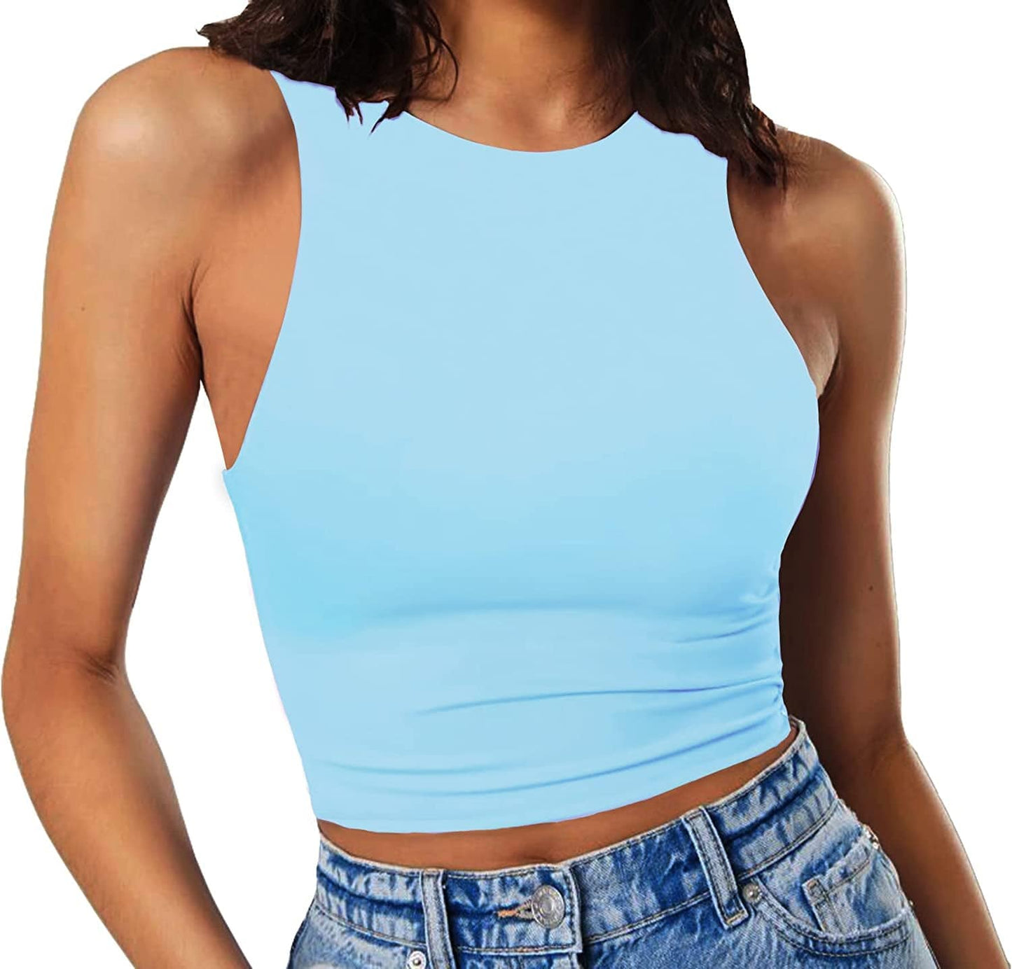 Women'S Sleeveless Cropped Shirts High Neck Stretchy Fitted Basic Crop Tank Top Light Blue / X-Small