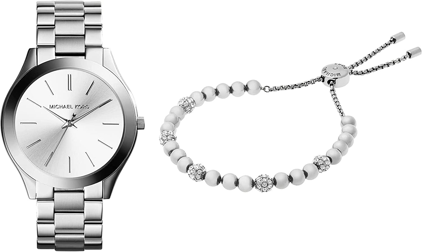 Women'S Slim Runway Three-Hand Stainless Steel Quartz Watch Silver Watch + Bracelet Bundle
