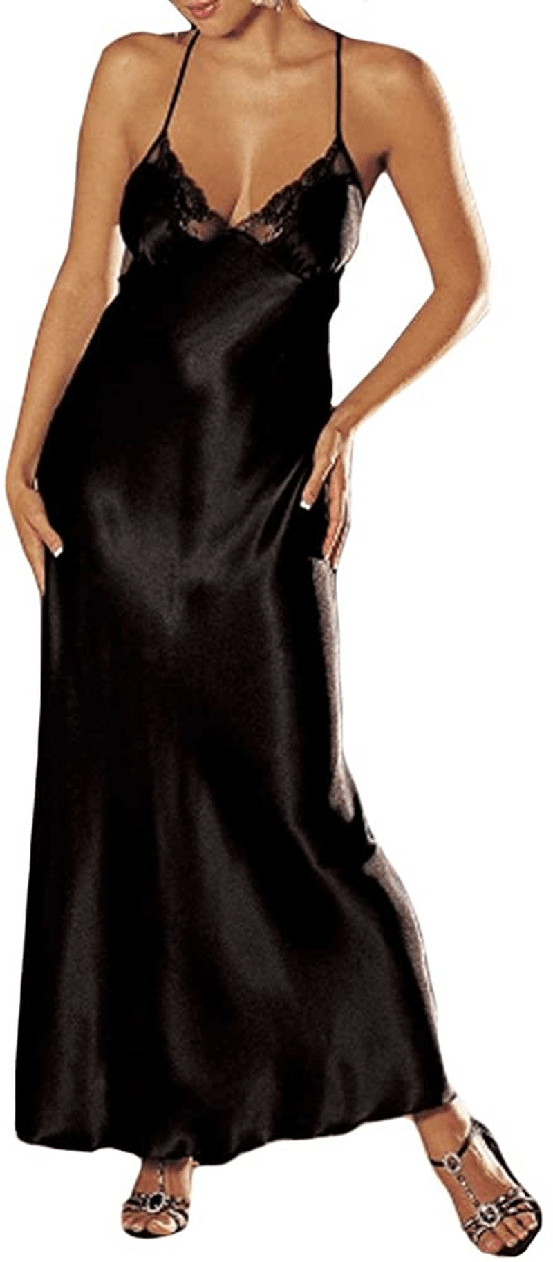 Women'S Sling Long Gown Skirt Satin Lace Sexy Lingerie Deep V-Neck Strappy Ladies Babydoll Sleepwear Negligees Nightgowns Apparel & Accessories > Clothing > Underwear & Socks > Shapewear aneralied Black XX-Large