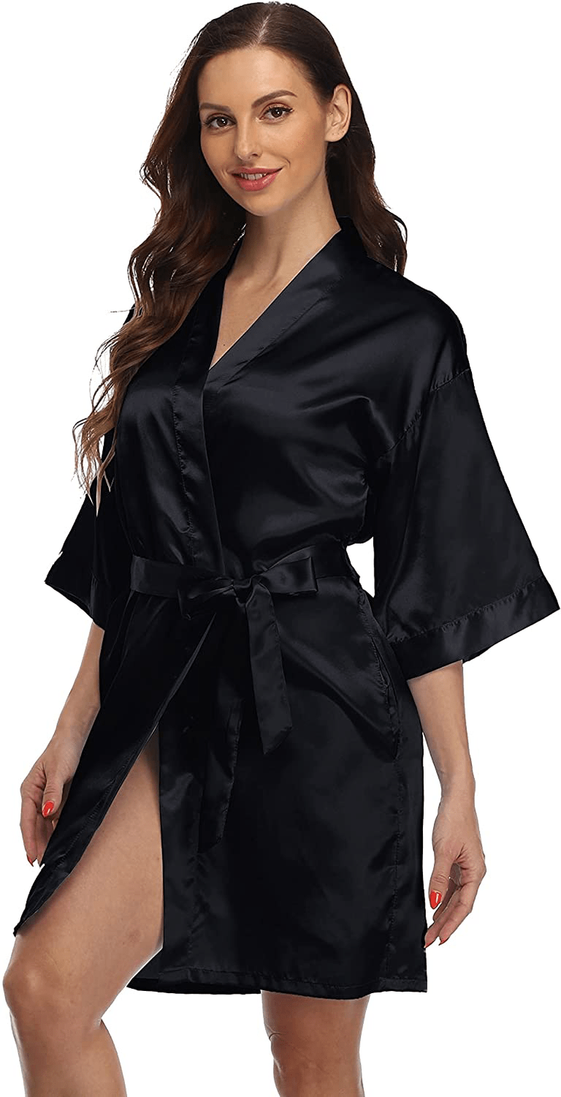 Women'S Solid Color Short Kimono Satin Bathrobe Silky Bride and Bridesmaid Robe Apparel & Accessories > Clothing > Sleepwear & Loungewear > Robes Valennia Black X-Large