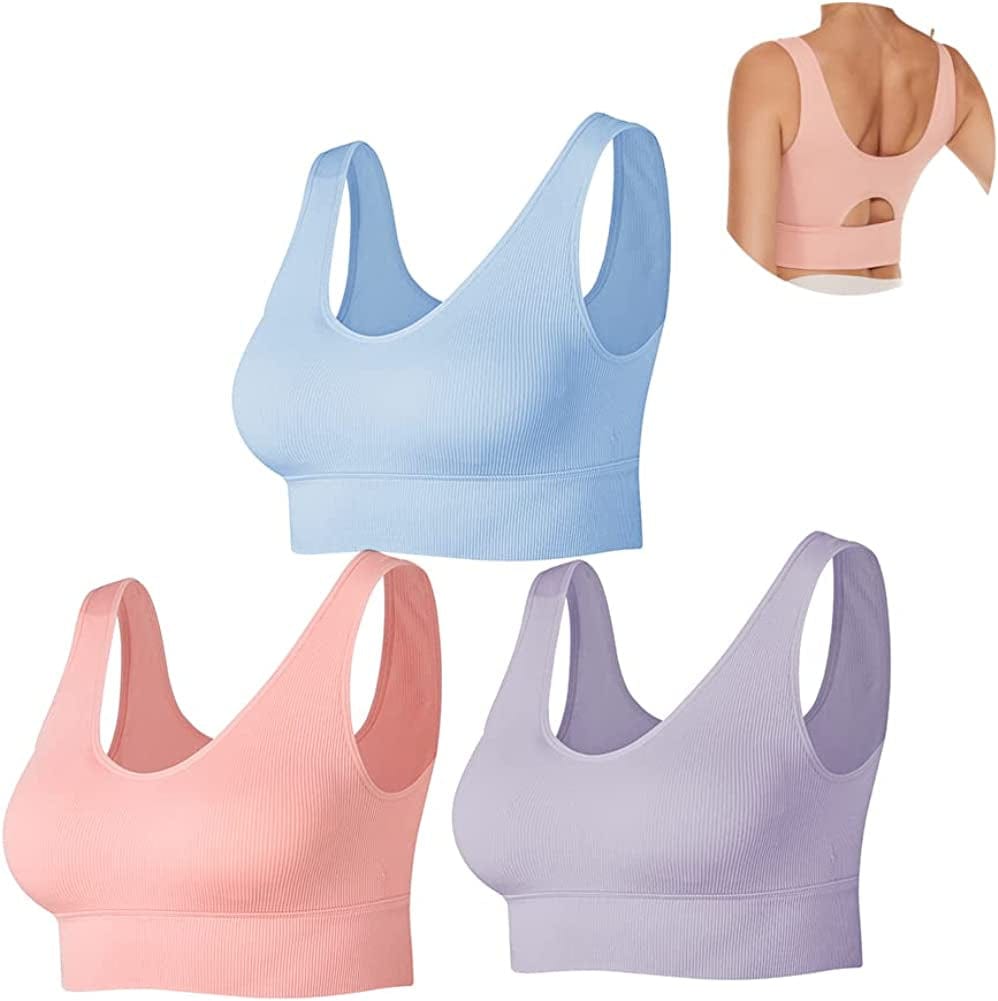 Women’S Sports Bra Ribbed Seamless Medium Support Workout Yoga Bras with Removable Pads Pink&purple&blue / Medium
