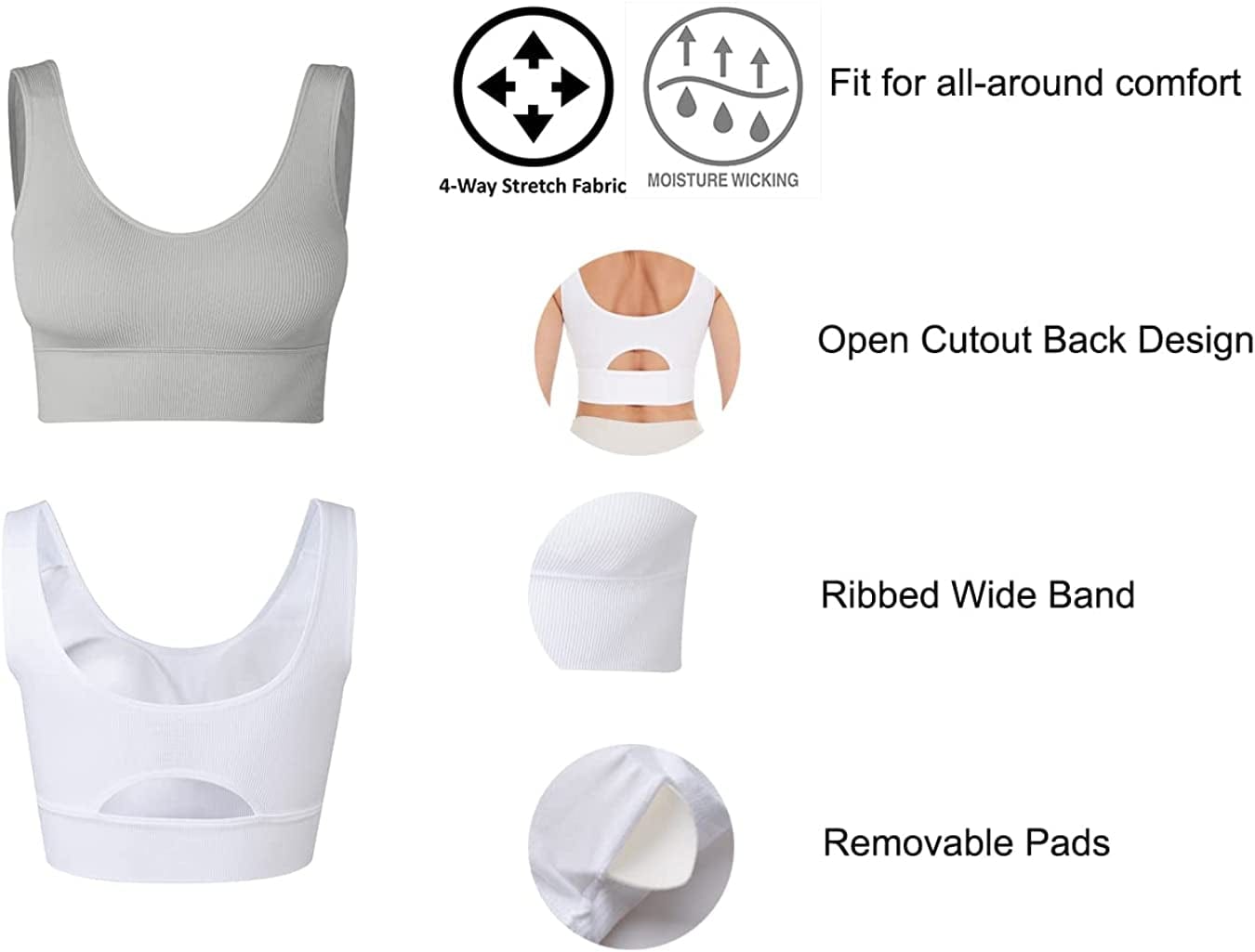 Women’S Sports Bra Ribbed Seamless Medium Support Workout Yoga Bras with Removable Pads