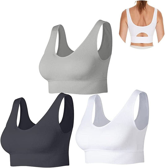 Women’S Sports Bra Ribbed Seamless Medium Support Workout Yoga Bras with Removable Pads Black&white&grey / Small