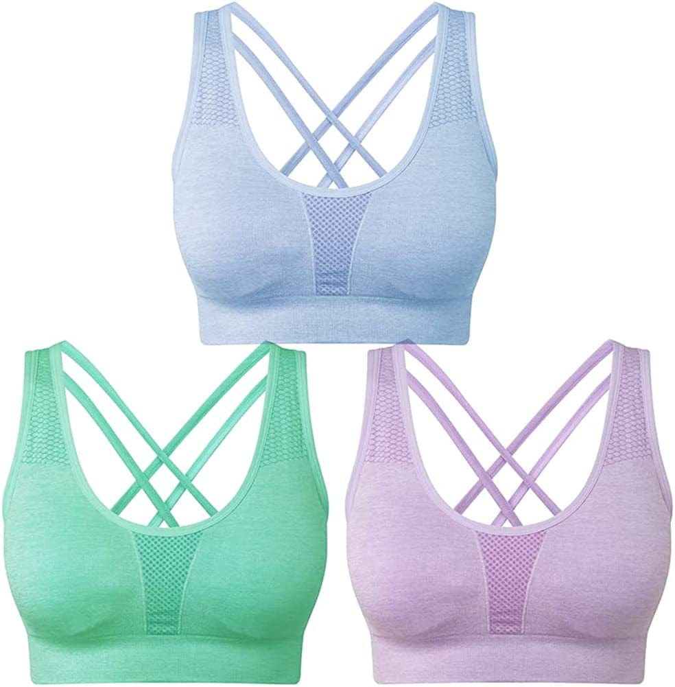 Women’S Sports Bras 3 Pack Crisscross Back Yoga Bras Medium Support Workout Bras with Removable Pads Blue&purple&green / Small