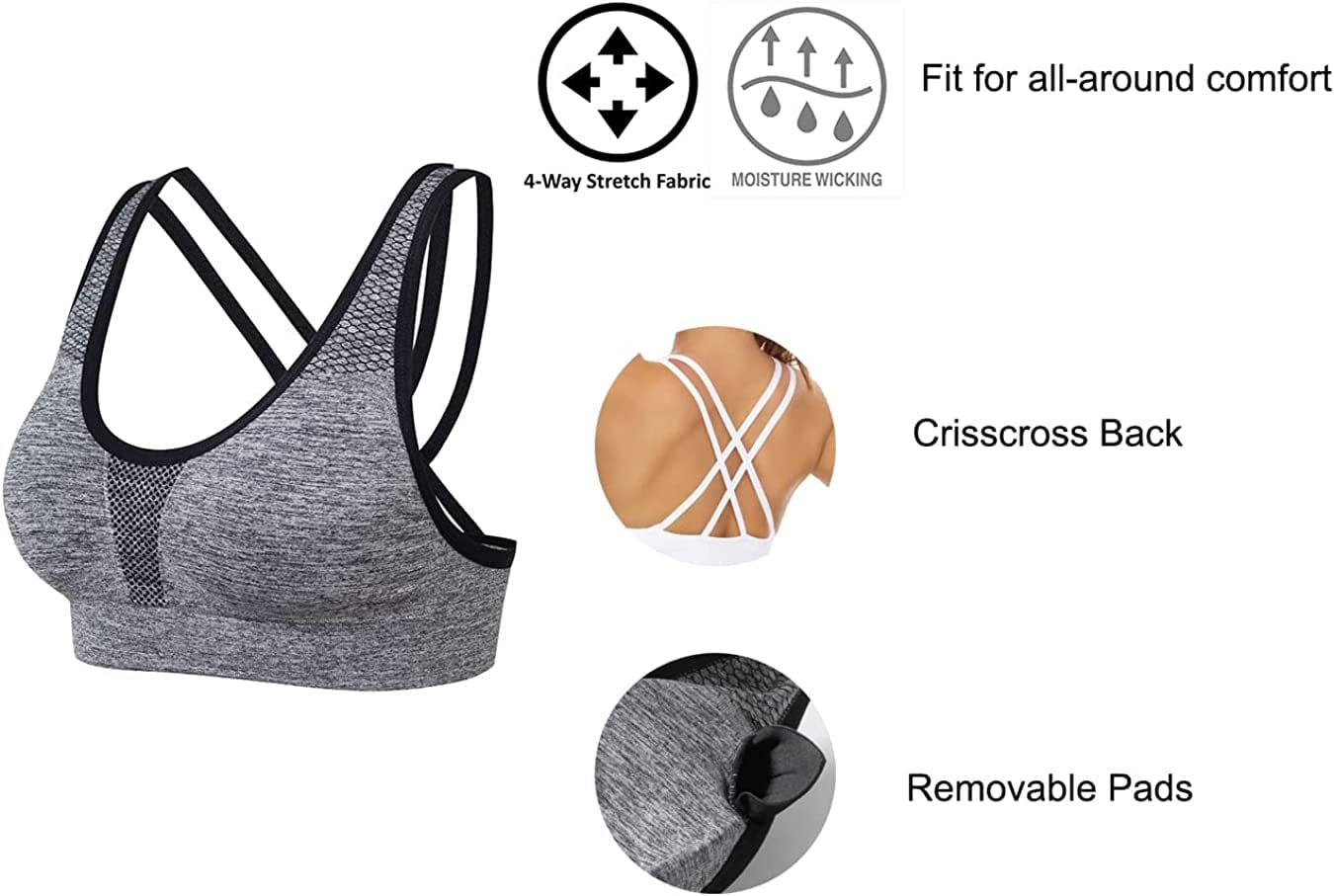 Women’S Sports Bras 3 Pack Crisscross Back Yoga Bras Medium Support Workout Bras with Removable Pads
