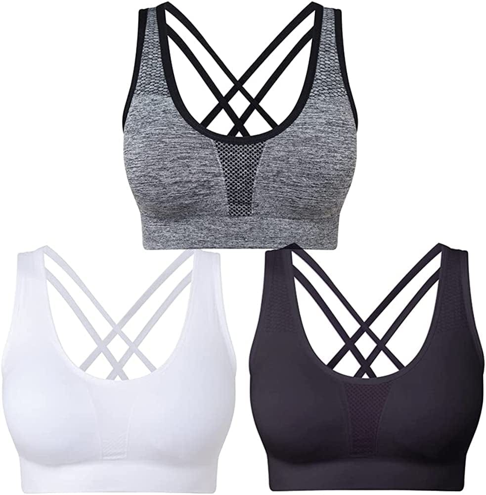 Women’S Sports Bras 3 Pack Crisscross Back Yoga Bras Medium Support Workout Bras with Removable Pads Black&white&grey / XX-Large