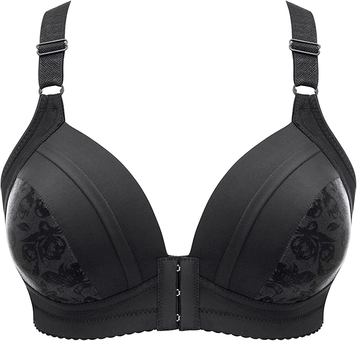 Women'S Steel Ring Thin Front Button Bras, plus Size Push up Breathable Comfort Underwear Wireless Bra Black / 36