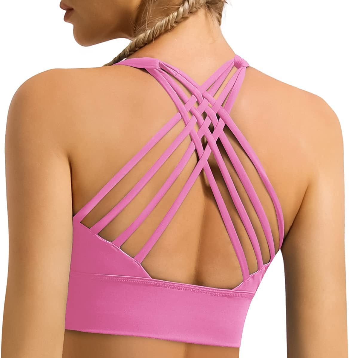 Women'S Strappy Longline Sports Bra Crisscross Back Medium Support Padded Workout Tank Yoga Crop Top #1 Neon Pink / X-Small