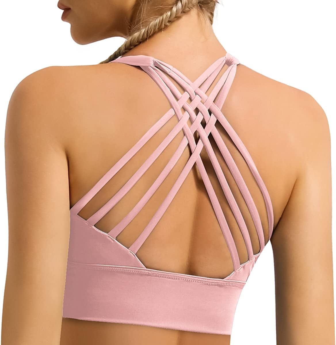 Women'S Strappy Longline Sports Bra Crisscross Back Medium Support Padded Workout Tank Yoga Crop Top #1 Pink / X-Small