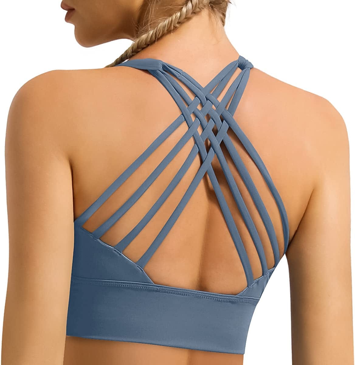 Women'S Strappy Longline Sports Bra Crisscross Back Medium Support Padded Workout Tank Yoga Crop Top #1 Denim Blue / Small