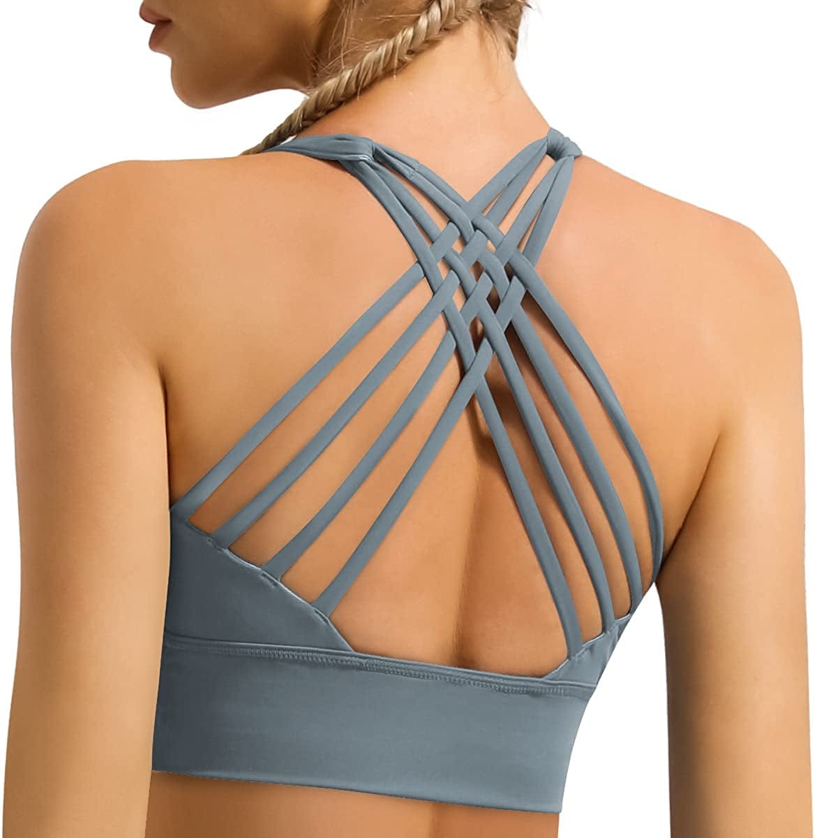 Women'S Strappy Longline Sports Bra Crisscross Back Medium Support Padded Workout Tank Yoga Crop Top #1 Light Blue / Large