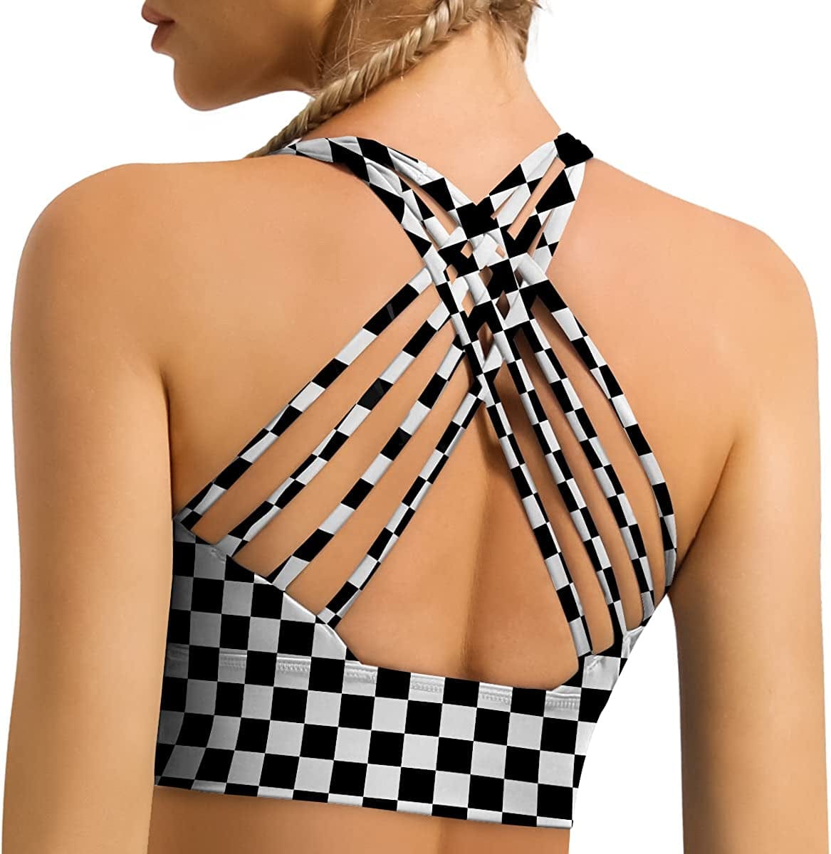 Women'S Strappy Longline Sports Bra Crisscross Back Medium Support Padded Workout Tank Yoga Crop Top #1 Checkerboard / Medium
