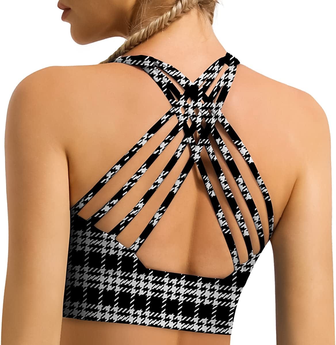 Women'S Strappy Longline Sports Bra Crisscross Back Medium Support Padded Workout Tank Yoga Crop Top #1 Matts Houndstooth / X-Large