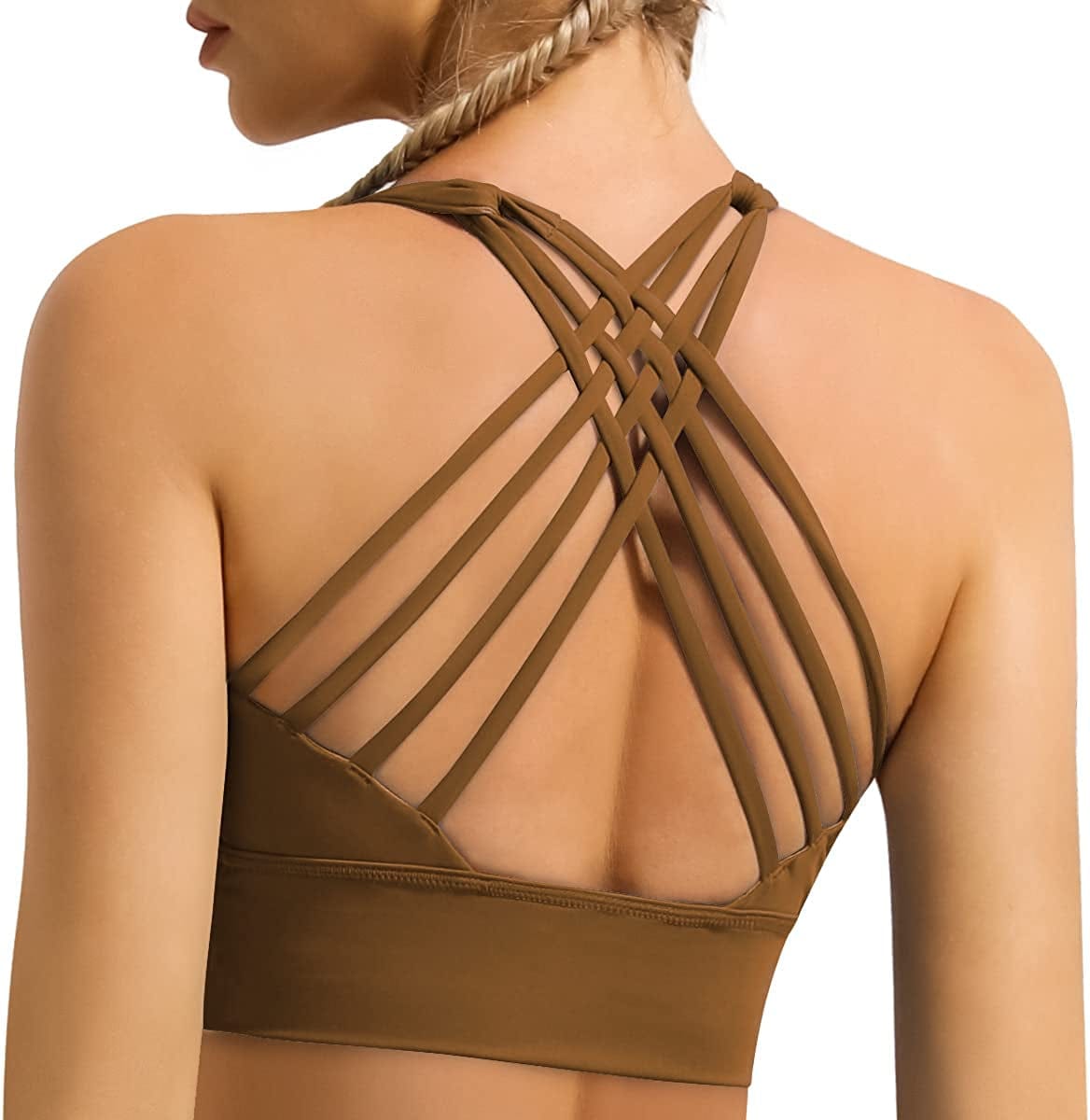Women'S Strappy Longline Sports Bra Crisscross Back Medium Support Padded Workout Tank Yoga Crop Top #1 Coffee / Medium
