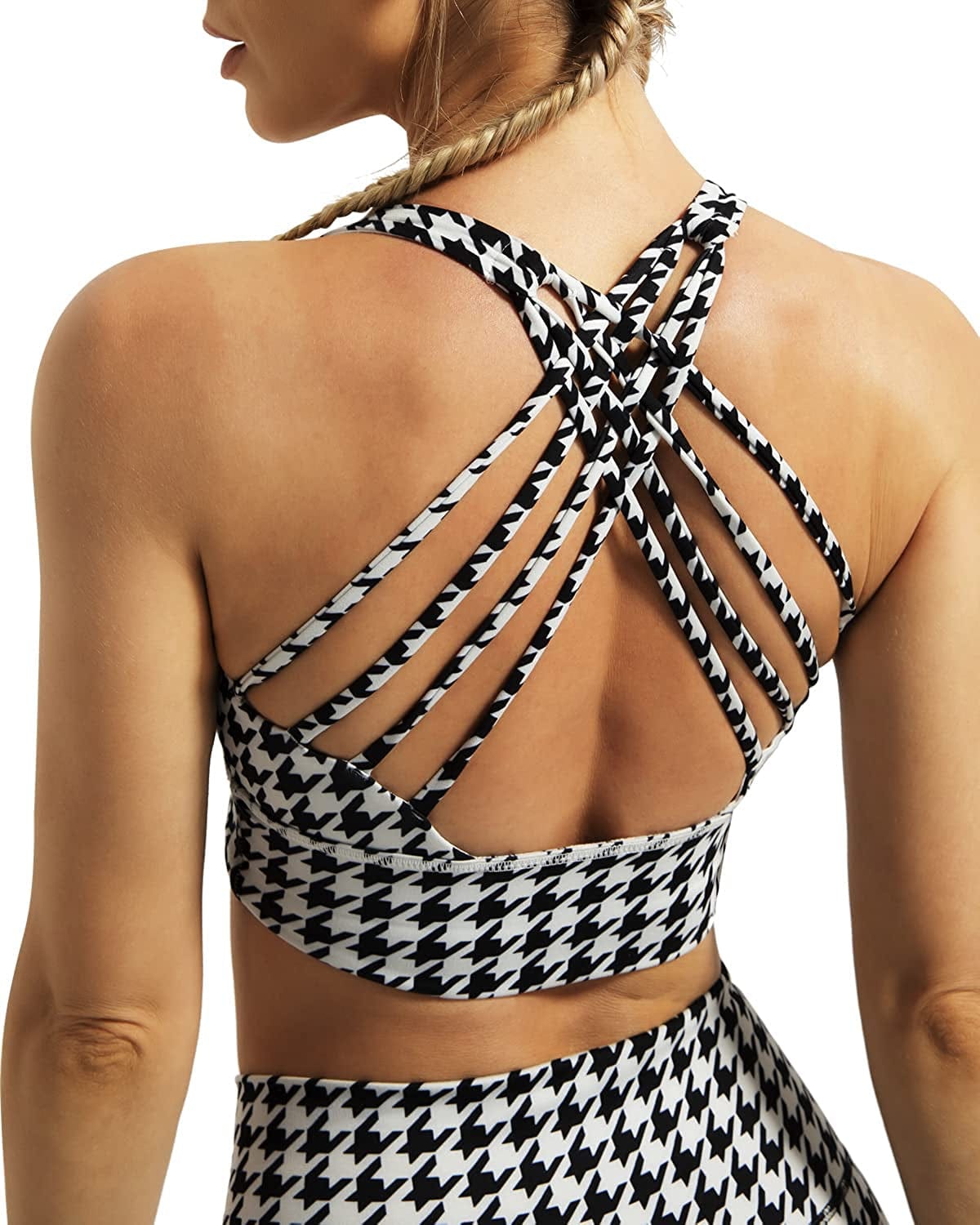 Women'S Strappy Longline Sports Bra Crisscross Back Medium Support Padded Workout Tank Yoga Crop Top #1 Houndstooth / XX-Large
