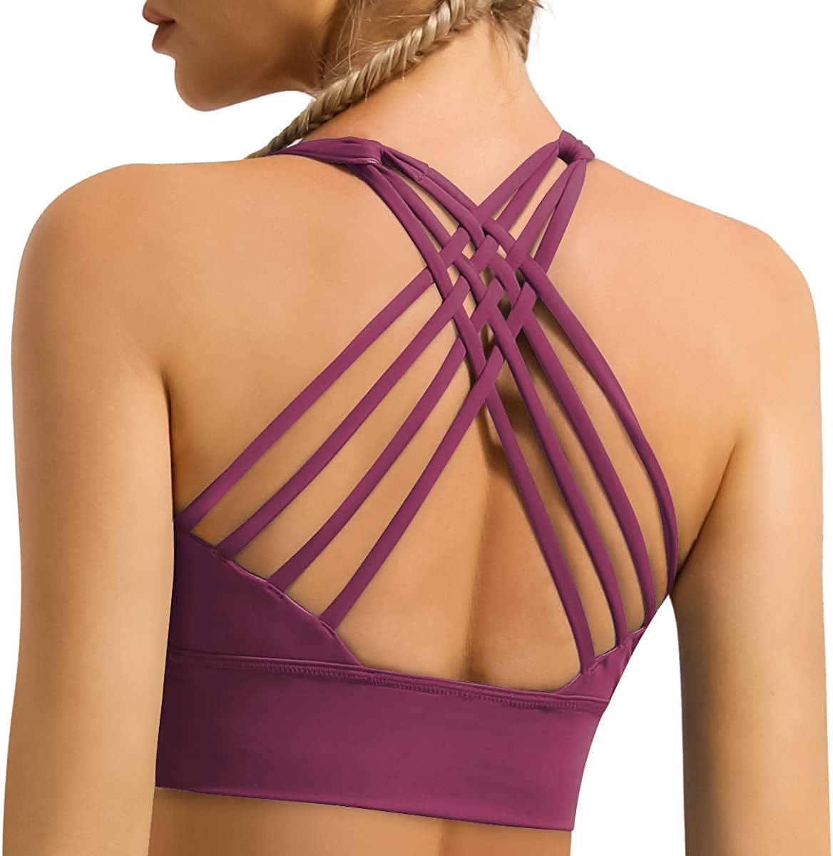 Women'S Strappy Longline Sports Bra Crisscross Back Medium Support Padded Workout Tank Yoga Crop Top #1 Magenta Purple / X-Large