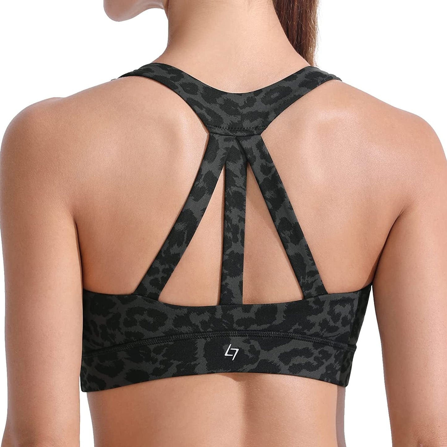 Women'S Strappy Sports Bra - High Neck Full Coverage Workout Bra for Women Medium Impact for Gym Fitness Running Yoga Leopard Medium