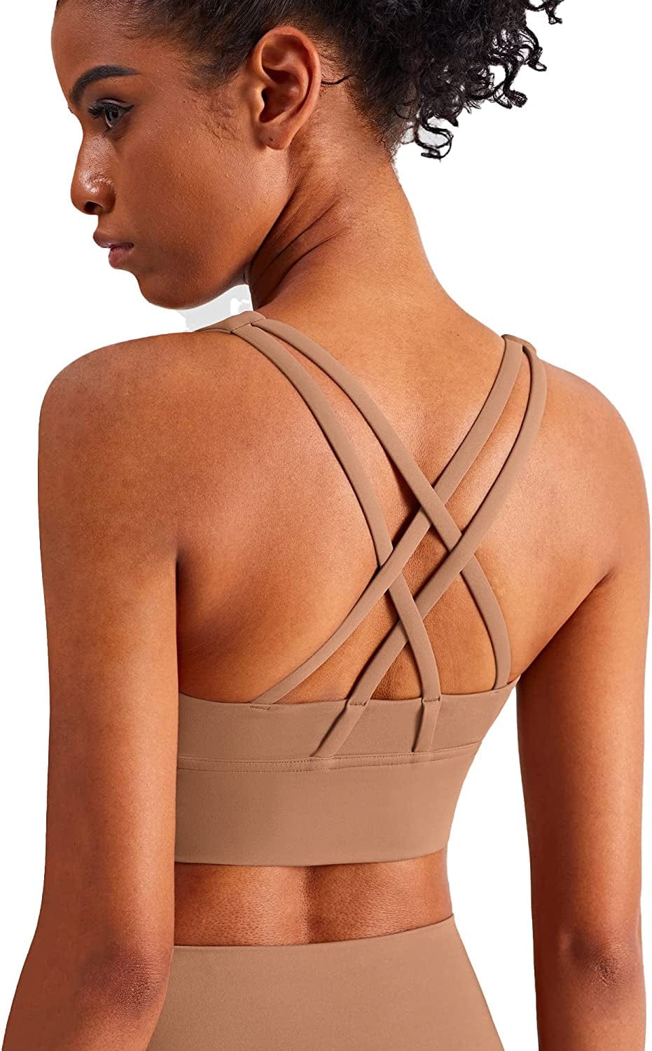 Women'S Strappy Sports Bras Fitness Workout Padded Yoga Bra Criss Cross Back Brown / Medium