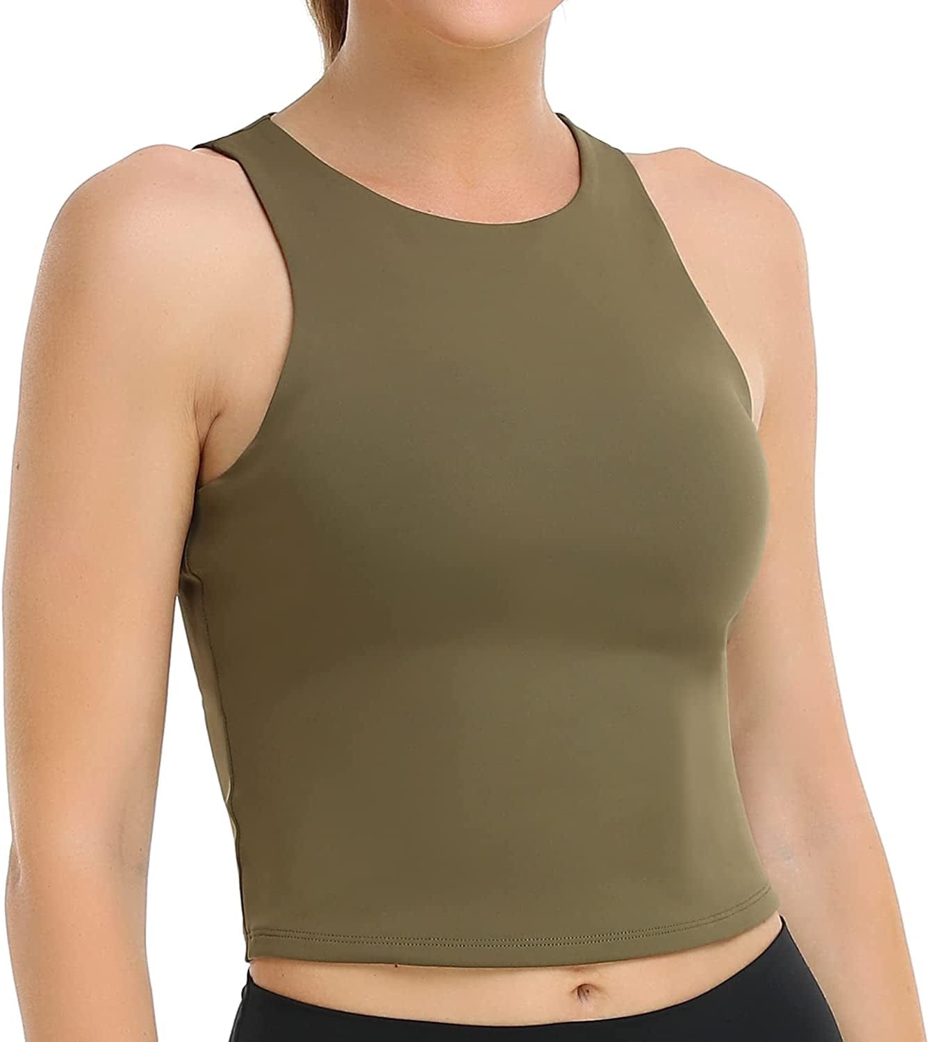 Women'S Summer Tank Tops Body Contour Sleeveless Crop Double Lined Yoga Shirts Olive Green / Small