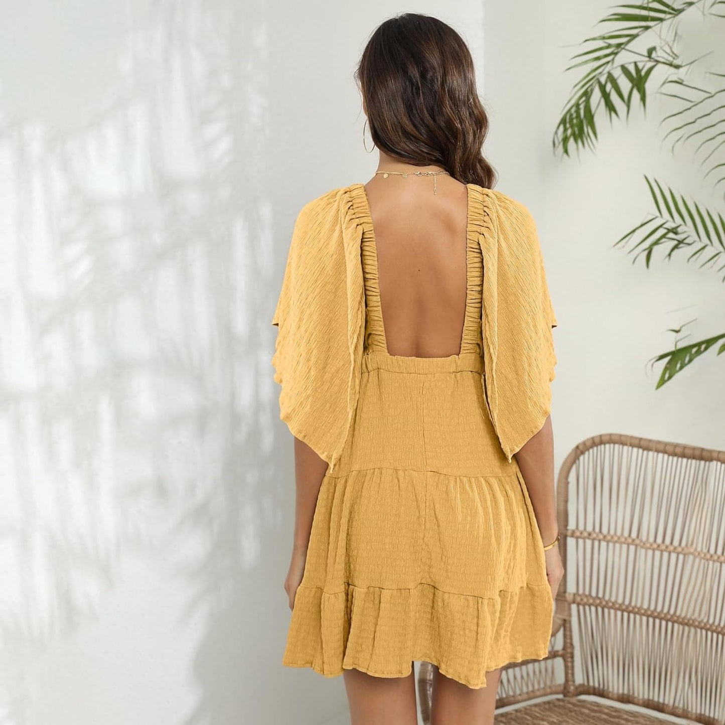 Women'S Summer V-Neck, Tiered Silhouette with Flutter Sleeves Mini Dress for Casual
