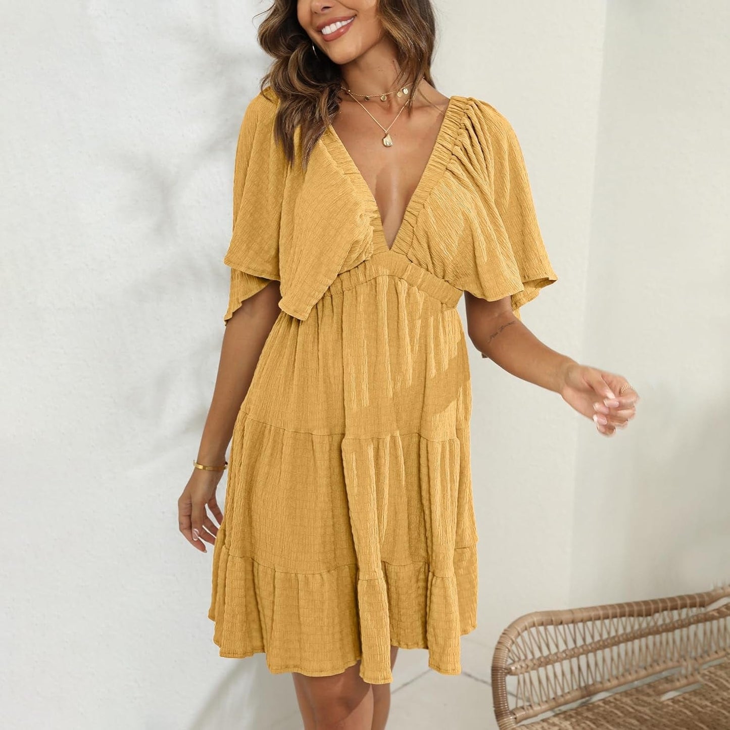 Women'S Summer V-Neck, Tiered Silhouette with Flutter Sleeves Mini Dress for Casual
