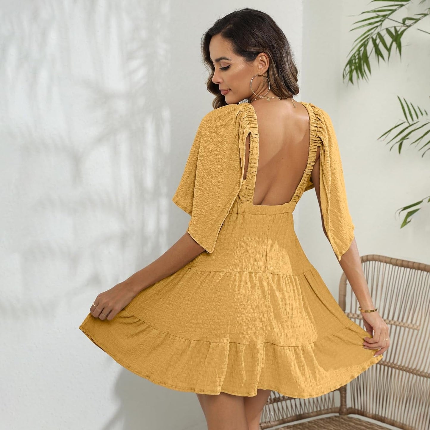 Women'S Summer V-Neck, Tiered Silhouette with Flutter Sleeves Mini Dress for Casual
